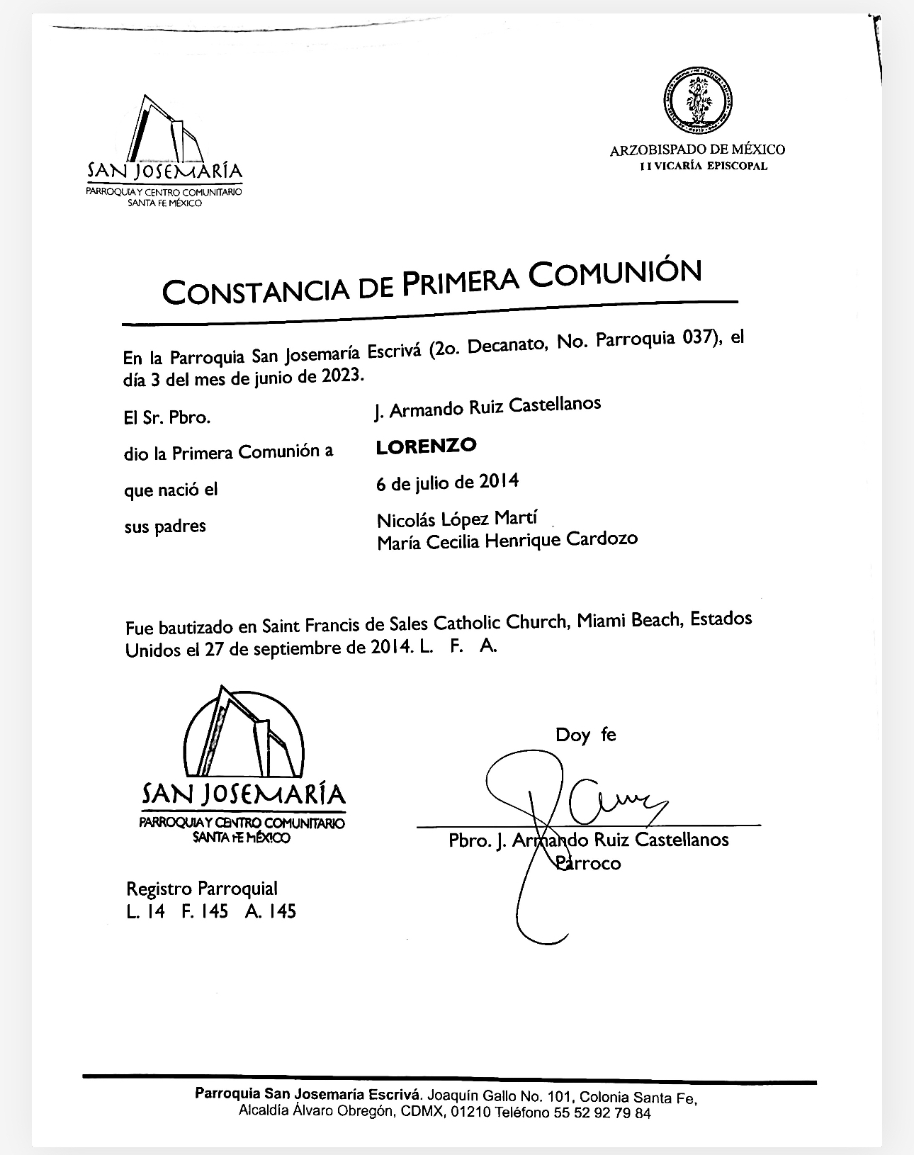 Acta de Primera Comunión